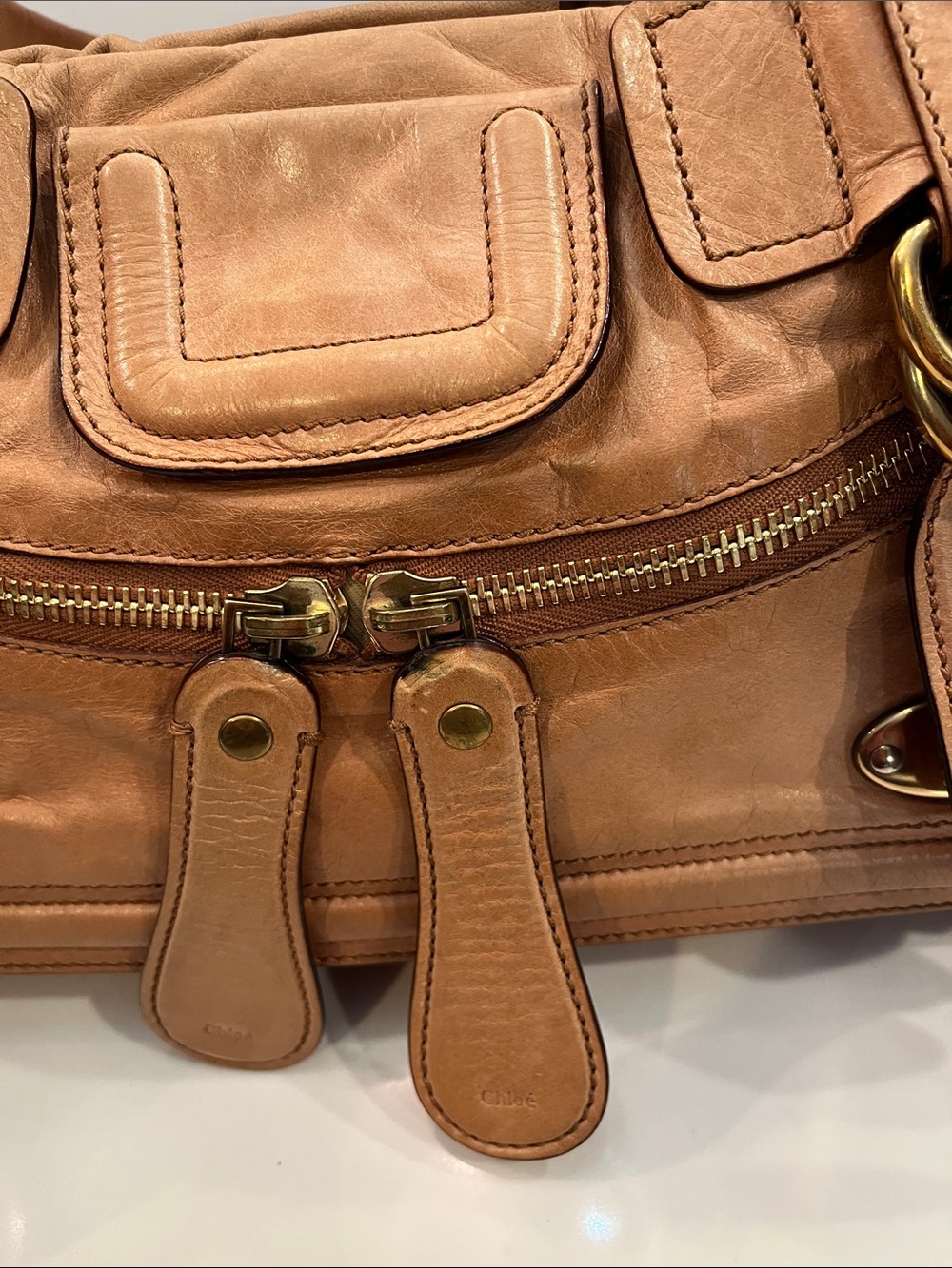 Chloe Leather Camel Shoulder Bag with Double Buckle Detail. Made in Italy. Roomy - Picture 2 of 16